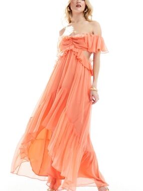 ASOS Coral Off-Shoulder Ruffle Maxi Dress